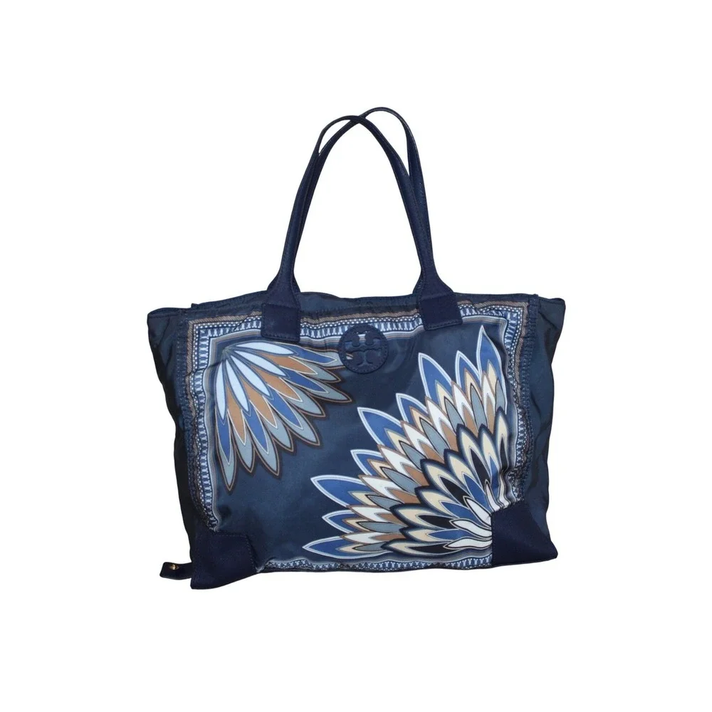 Tory Burch Ella Packable Tote Large Navy Eden (Floral Scarf) Print Nylon - Picture 2 of 6
